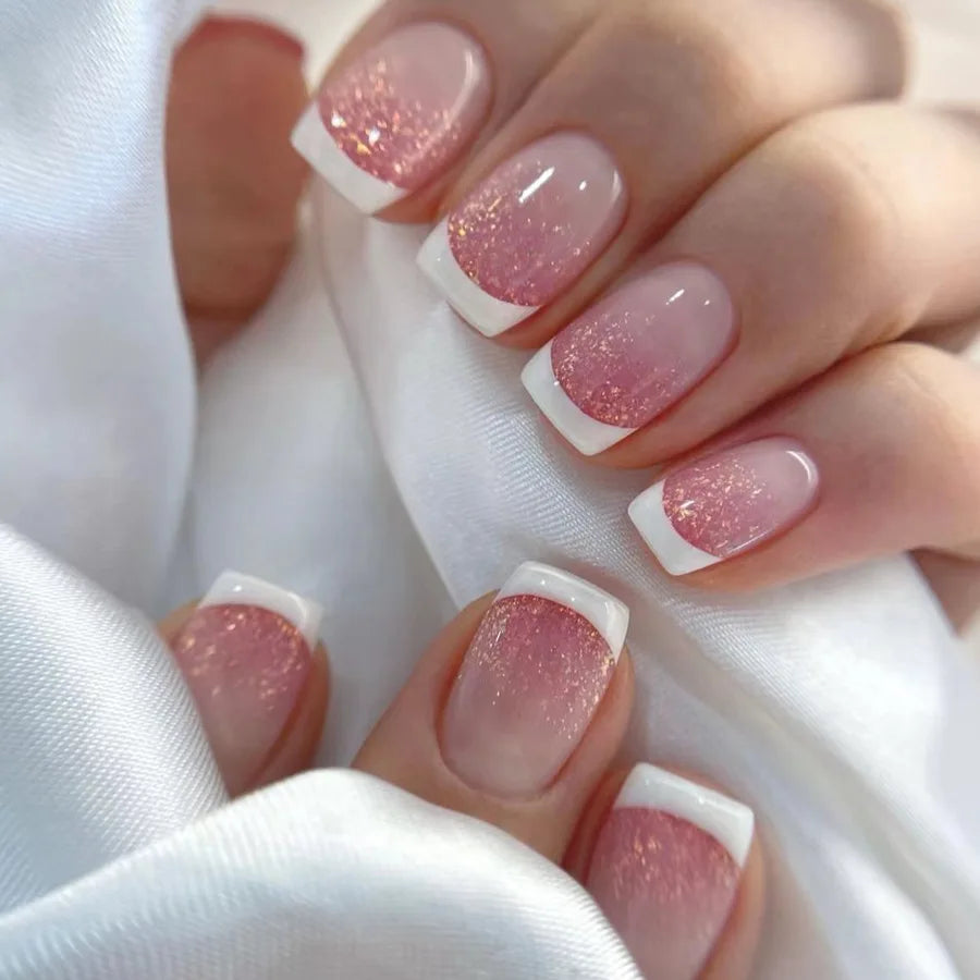 24Pcs Simple Square Head Fake Nail with Jelly Glue Pink White Gradient French Press on False Nails Short Full Cover Nail Tips YVAYA