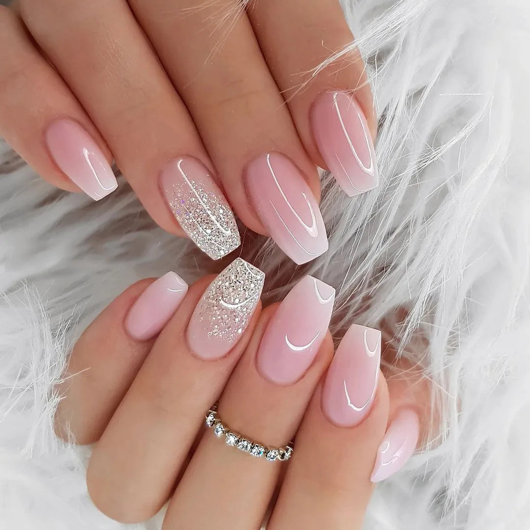 24Pcs Simple Square Head Fake Nail with Jelly Glue Pink White Gradient French Press on False Nails Short Full Cover Nail Tips YVAYA